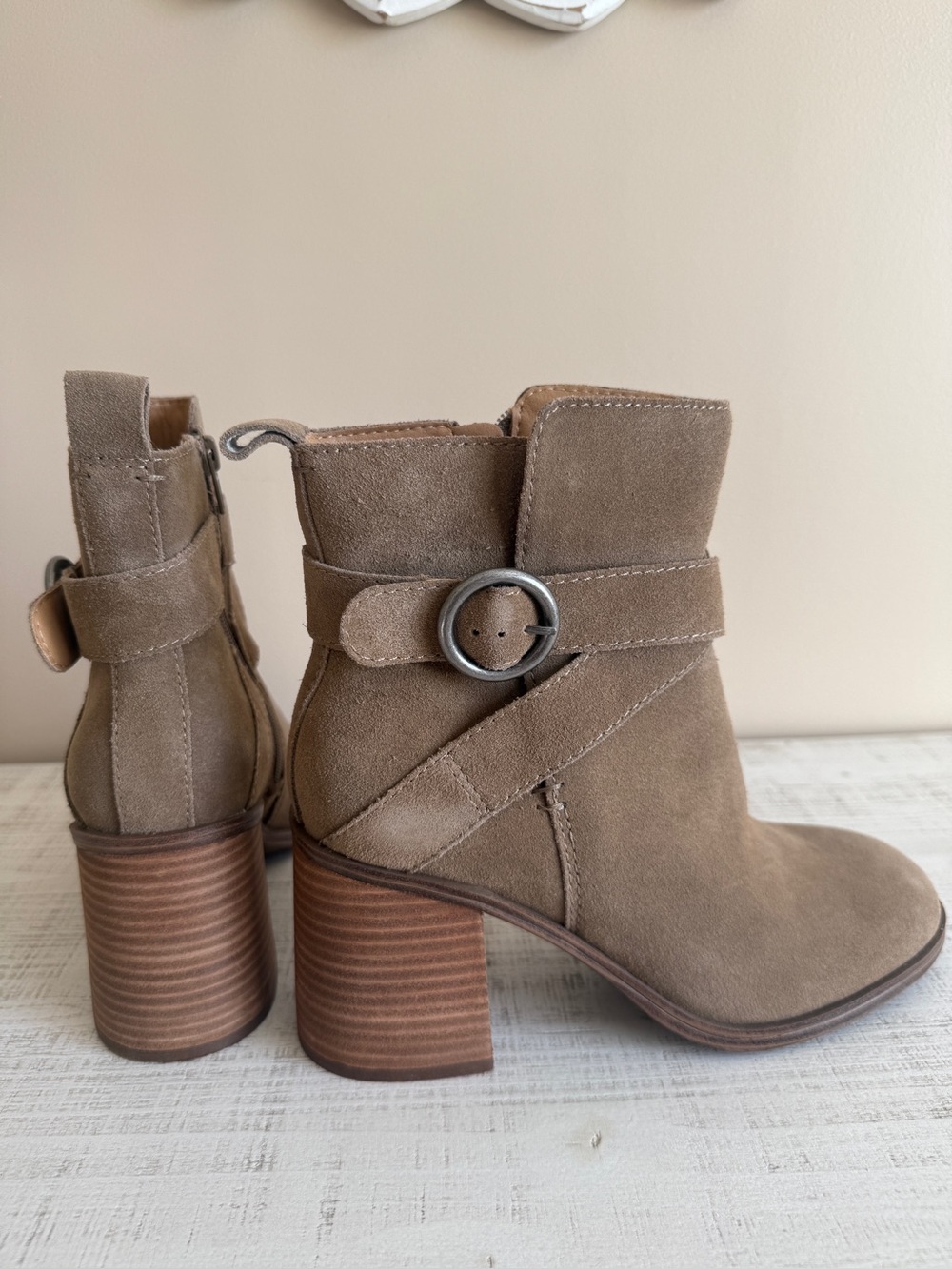 Crown Vintage Taupe Suede Buckle Strap Ankle Boots